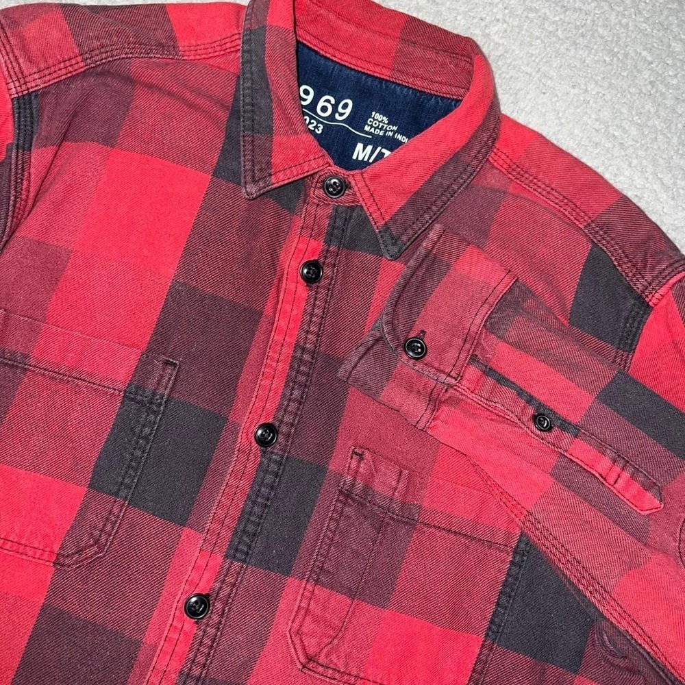 Gap 1969 Shirt Men's Size M Tall Buffalo Plaid Flannel Elbow Patch Button Down